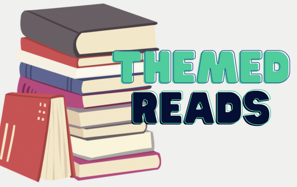 logo for the themed reads boo group. stack of multicolored books