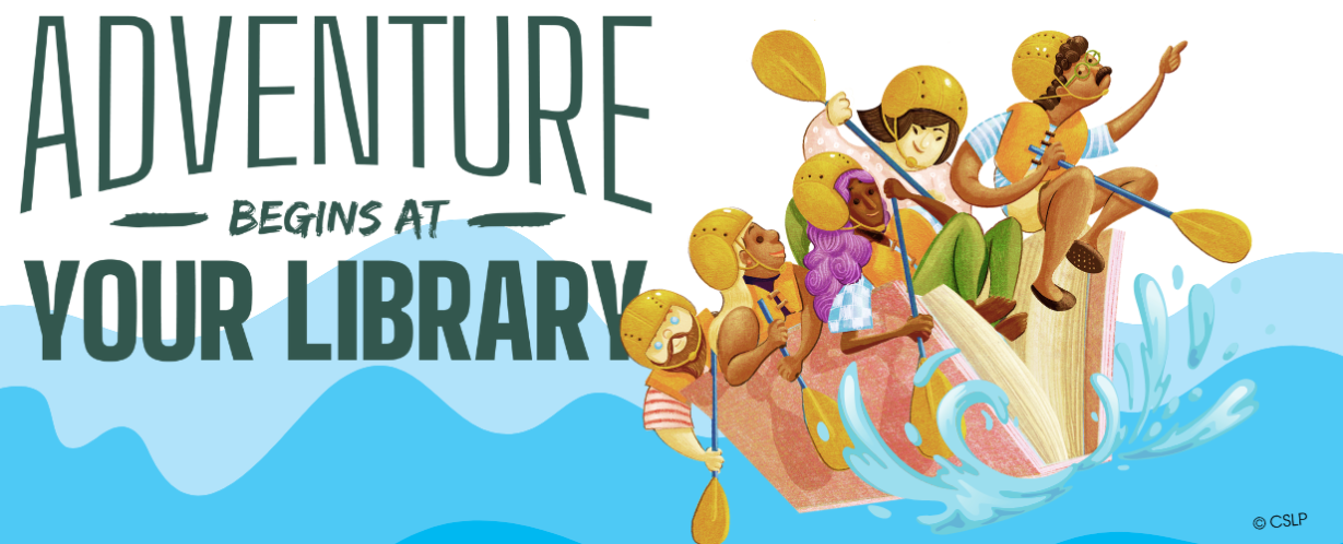 summer reading logo with adult in a book boat