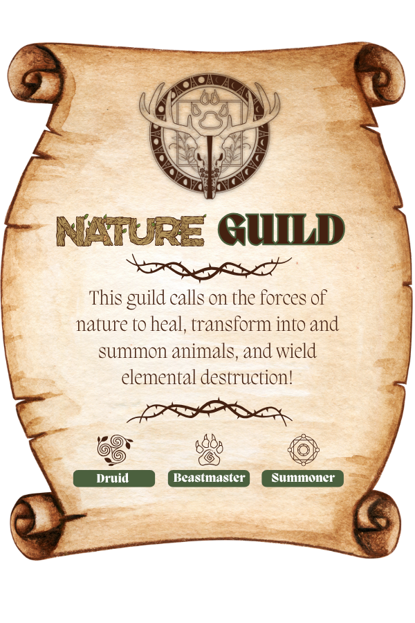 This guild calls on the forces of nature to heal, transform into and summon animals, and wield elemental destruction!(1)