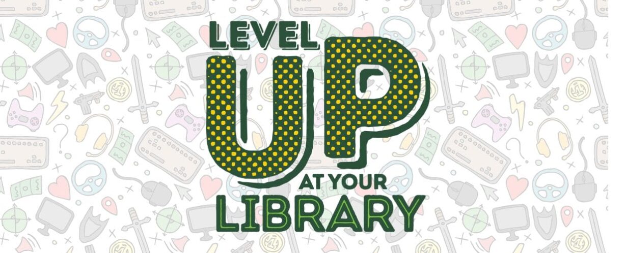 Image of the level up logo on a background of various objects